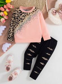 Baby Girls Leopard Print Patchwork Graphic Long Sleeve Top + Leopard Print Pants 2pcs Set - Pink - View 2