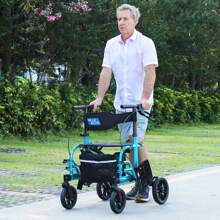 WALK MATE 2 In 1 Rollator Walker Transport Chair For Seniors, 10" Wheels Medical Rollator For Seniors With Widen Seat Backrest, Detachable & Adjustable Footrests Folding Walker Wheelchair Combo - 藍色 - 查看 9