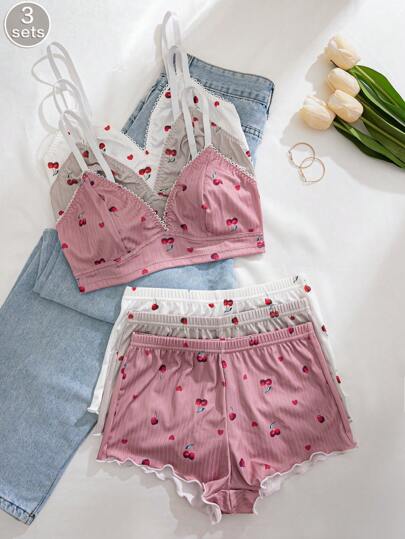3件套女士樱桃印花荷叶边内衣文胸和内裤套装