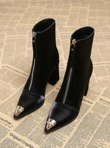 2024 春秋新品女士百搭优雅质朴黑色踝靴，粗跟高跟尖头，时尚短靴，适合秋冬 - 黑色 - 查看 2