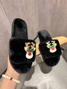 Dép bông nữ thời trang mới phong cách Hàn Quốc ngoài trời trong nhà đế dày giữ nhiệt, mùa thu/đông - màu đen - Xem 3
