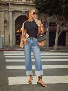 Crop Straight Leg Frayed Hem Jeans For Women