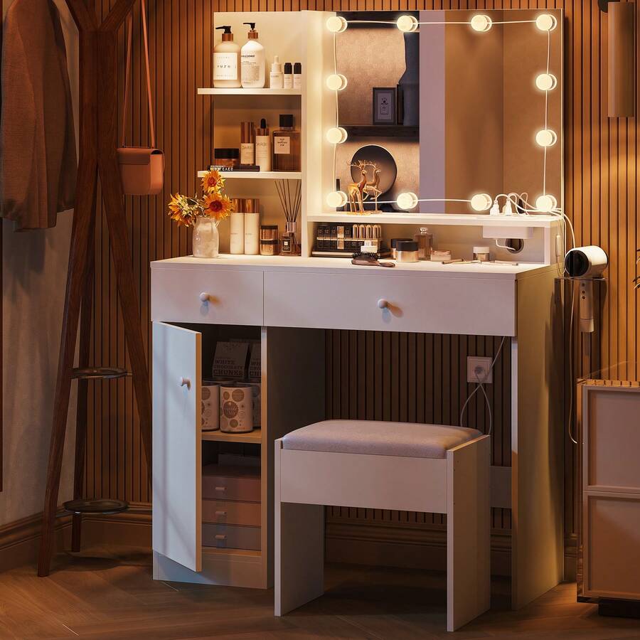 Vanity Desk With LED Lighted Mirror & Power Outlet, Makeup Vanity Set