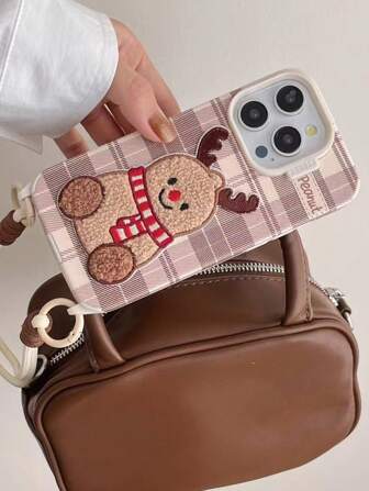 冬季独特羊毛材质刺绣格子姜饼鹿手机壳，适用于 iPhone 11/12/13/14/15/16 Pro Max，防摔保护套