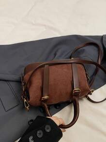 1 件女士咖啡色复古保龄球包，绒面纹理复古波士顿手提包，拉链开合，适合通勤、购物、日常使用 - 咖啡棕 - 查看 6