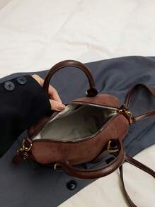 1 件女士咖啡色复古保龄球包，绒面纹理复古波士顿手提包，拉链开合，适合通勤、购物、日常使用 - 咖啡棕 - 查看 7