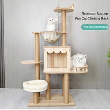 Wooden Cat Climbing Frame, One-Piece Large Cat Scratching Frame, Capsule Pet Kennel Indoor Pet Climbing Toys Scratch-Resistant - N6-48x19x16in - Xem 9