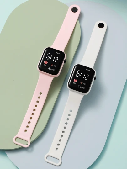 2 件裝白色和粉紅色 Pvc 錶帶運動風格方形錶盤數位手錶,適合日常生活