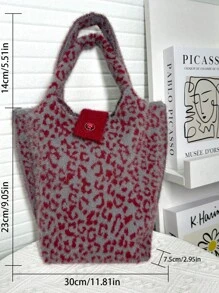 时尚勃艮第短毛绒手提包 2. 安哥拉红豹纹针织钩针可折叠女士手提包，适合日常生活、旅行、聚会、度假、购物，可容纳化妆品、书籍，是送给情侣的情人节礼物的理想之选 - 酒紅色 - 查看 10