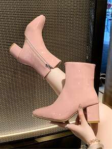 新款女士粉色踝靴，高跟粗跟方头时尚靴子，秋冬款 - 粉色 - 查看 1