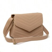 Bolsa Feminina Nude Pequena e Funcional Bordada Aba Cadeia Alça Transversal Regulável - Caramelo - Visão 2