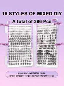 386 件 D 卷睫毛 16 种款式混合装 DIY 簇状单根睫毛延长 上下假睫毛延长 节日使用