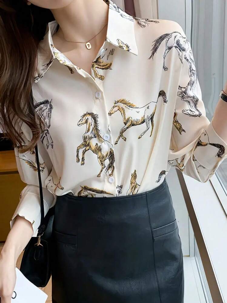Women Casual & Office Horse Print Long Sleeve Shirt - White - View 4