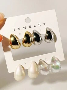 1 cặp/2 cặp/3 cặp/4 cặp/5 cặp Bông tai giọt nước cong sang trọng tối giản màu vàng, bạc, đen, hồng hồng - Vàng - Xem 16