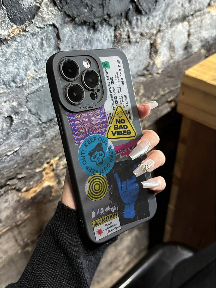 贴纸标语精准孔边款式彩绘防摔手机壳兼容 Iphone 14 Pro Max/13/11/12/XR/7/8、Redmi 系列 - 彩色 - 查看 1