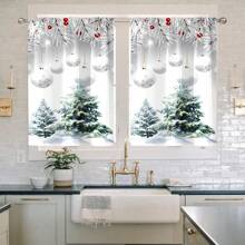 2 stuks Zilveren Kerstboom en Ster Gedrukte Transparante Gordijnen, Roede Zak Bovenkant, Hoge Kwaliteit Polyester Stof, Lichtgewicht En Gemakkelijk Te Onderhouden, Unieke Kerstdecoratie Gordijnen Voor Keuken, Eetkamer, Woonkamer, Slaapkamer, Balkon