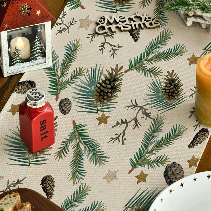 2025 圣诞松果和星星圣诞快乐桌布，季节性冬季绿色厨房餐桌装饰，适合家庭聚会，13x72 英寸 - 綠色 - 查看 1