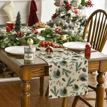 2025 圣诞松果和星星圣诞快乐桌布，季节性冬季绿色厨房餐桌装饰，适合家庭聚会，13x72 英寸 - 綠色 - 查看 3