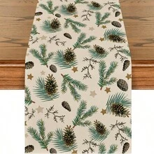 2025 圣诞松果和星星圣诞快乐桌布，季节性冬季绿色厨房餐桌装饰，适合家庭聚会，13x72 英寸 - 綠色 - 查看 2