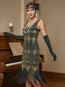 Great Gatsby 1920's Cocktail Party Retro Sequin Tassel Flapper Dress, Elegant Semi Formal Dress, For Birthday, Wedding Guest, Graduation, Dinner, Homecoming - Black - View 7