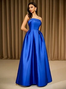 LOVE&LEMONADE Women's Blue Strapless Fitted Maxi Asymmetrical Evening Gown Dress - Blue - View 5