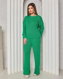 Women's Winter Knit Set Long Comfort Trousers Pantaloons Blouse - 綠色 - 查看 2