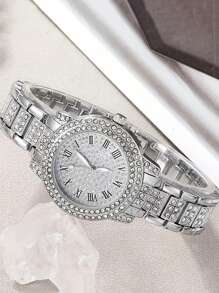 kuuioe 6pcs/Set Elegant Women Watch And Jewelry Suit, Zinc Alloy Round Case With Crystal Decor Including Necklace, Bracelet, Earrings And Ring. Perfect Gift For Valentine's Day, Easter, Ramadan, Birthday, Christmas,Mom,Mother,Mother's Day,Gift