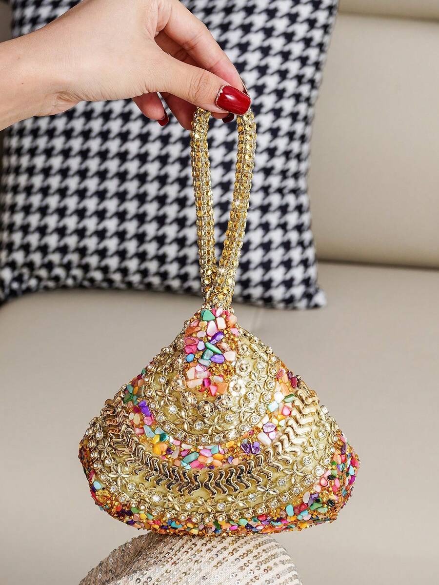 European And American Sparkling Rhinestone Handbag, Clutch, Novelty Shape Evening Bag, Party & Event Accessory, Compact Makeup Bag, Exquisite Craftsmanship Mini Purse - Gold - View 1
