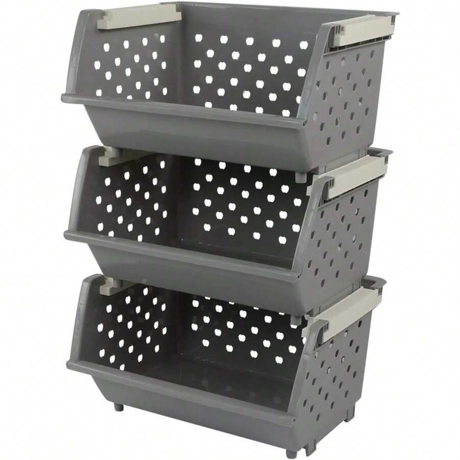 Plastic Stackable Storage Bins, Multi-Functional Stacking Basket, Grey, Pack Of 3 - 1 - 查看 1