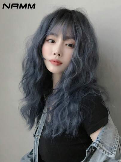 NAMM 女士中度灰蓝色假发 波浪卷发假发 带刘海 深色发根 合成渐变蓝色假发 适合女孩日常派对角色扮演万圣节 22 英寸