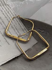 1 cặp bông tai tròn hình vuông đơn giản phong cách Châu Âu & Mỹ, thời trang & thanh lịch để đeo hàng ngày - Vàng - Xem 4