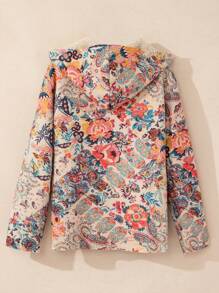 CILKOO 米色复古佩斯利花卉印花抓绒连帽衫