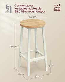 VASAGLE Tabourets Hauts, Lot de 2, Chaises de Bar, Siège de Cuisine, Cadre en Acier, Hauteur 65 cm, Montage Facile, Style Industriel, Blanc - Blanc - Voir 5