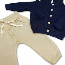 Dubabi Baby Newborn Baby Set 0 To 3 Months Maternity Outfit Boy Knit Coat Hood And Pants - Màu xanh hải quân - Xem 5