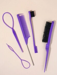 5 件/10 件发型刷套装，带 Topsy 发尾工具、鬃毛刷边缘刷鼠尾梳，用于发型设计、边缘和背部刷洗、光滑背部发刷、女孩蓬松发型设计工具（紫色、黑色） - 彩色 - 查看 4