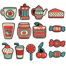 14pcs Cute Cartoon Retro Afternoon Tea Charm Sandals Set, PVC DIY Accessories Kit And Bracelet, Ideal Gift For Birthday, Christmas, Valentine's Day