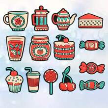 14pcs Cute Cartoon Retro Afternoon Tea Charm Sandals Set, PVC DIY Accessories Kit And Bracelet, Ideal Gift For Birthday, Christmas, Valentine's Day