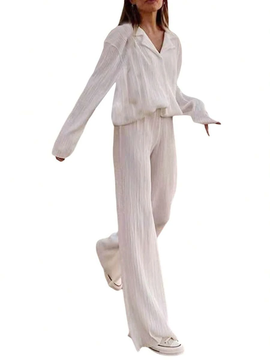 Womens Casual 2 Piece Outfits, Long Sleeve Button Down Pleated Shirt + Pants Set - Blanco - Ver 1
