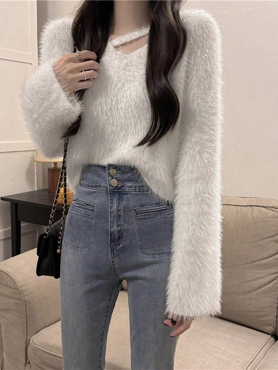 Solid Color Asymmetrical V-Neck Flared Long Sleeve Sweater,Long Sleeve Tops Casual