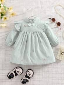 1 件装女婴中国风立领全刺绣婴儿连衣裙，优雅宫廷风格婴儿春秋新生儿服装 - 淺藍色 - 查看 1