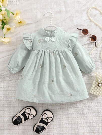 1pc Baby Girls Chinese Style Stand Collar Full Embroidery Baby Girl Dress, Elegant Palace Style For Infant, Spring/Autumn, Newborn Outfit