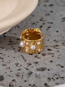 Uworld 1Pc Women's Fashionable Hammer Pattern Stainless Steel Open Ring Retro Autumn And Winter Daily Pearl Inlaid Ring - Open Ring - View 3