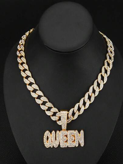 1pc European And American Men's Alloy Fully Encrusted Queen Letter Pendant Necklace With Hip Hop Personalized Style