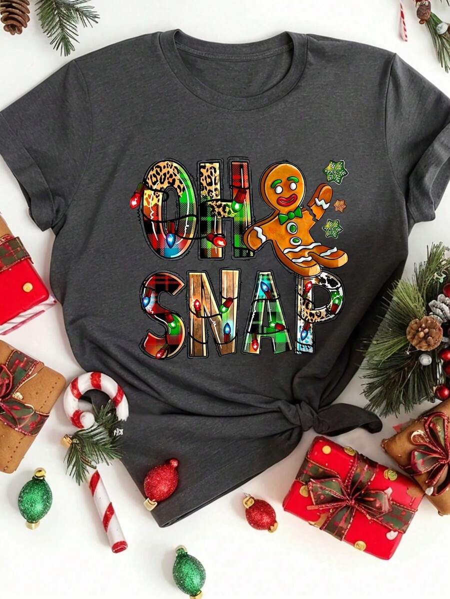 Casual Plus Size T-Shirt With Gingerbread Man Print, Christmas Theme - 深灰色 - 查看 1