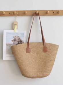 Baila Morena Straw Beach Tote Bag Women Large Faux Leather Striped Shoulder Tote Bag Hand Strap With Zipper - Màu Khaki - Xem 1