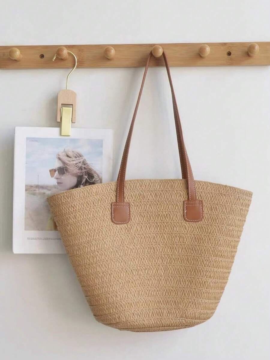 Baila Morena Straw Beach Tote Bag Women Large Faux Leather Striped Shoulder Tote Bag Hand Strap With Zipper - Màu Khaki - Xem 1