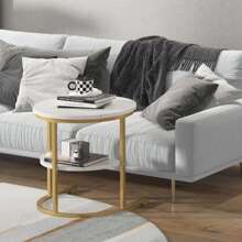 Nesting Coffee Table Set Of 2, 2-In-1 Detachable Table Set, Faux Marble Top 2 PCS Coffee Table Set W/ Extra Storage Shelf, Small Round End Table & Rectangular Coffee Table Set For Living Room - White - View 4