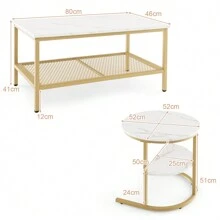 Nesting Coffee Table Set Of 2, 2-In-1 Detachable Table Set, Faux Marble Top 2 PCS Coffee Table Set W/ Extra Storage Shelf, Small Round End Table & Rectangular Coffee Table Set For Living Room - White - View 6