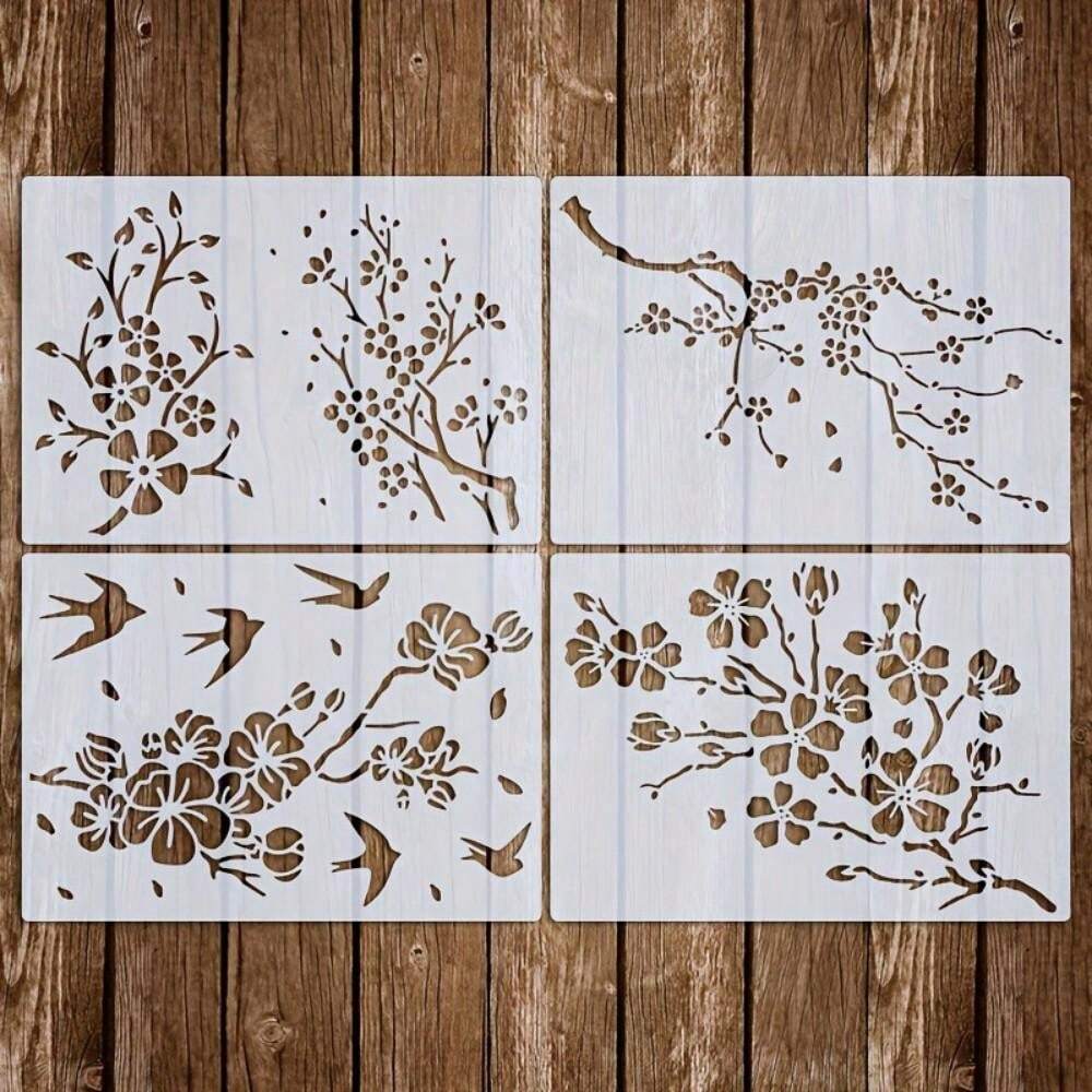 4Piece Cherry Blossom Art Stencils, A4 Size Reusable Painting Stencils