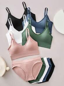 8 conjuntos de lencería simple, sujetador y pantis sin costuras acanalados lisos, lencería y ropa interior para mujer